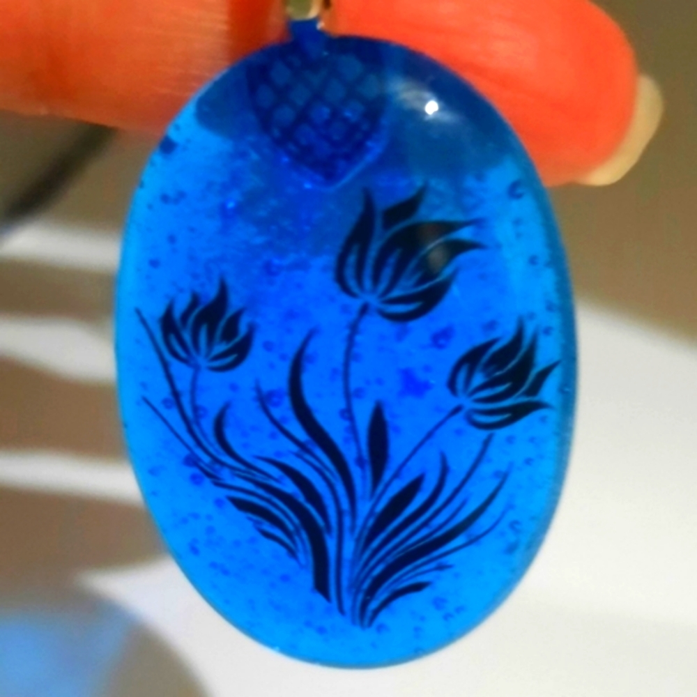 Blue Stained Glass Transparent Necklace with a Fused Black Flower Decal